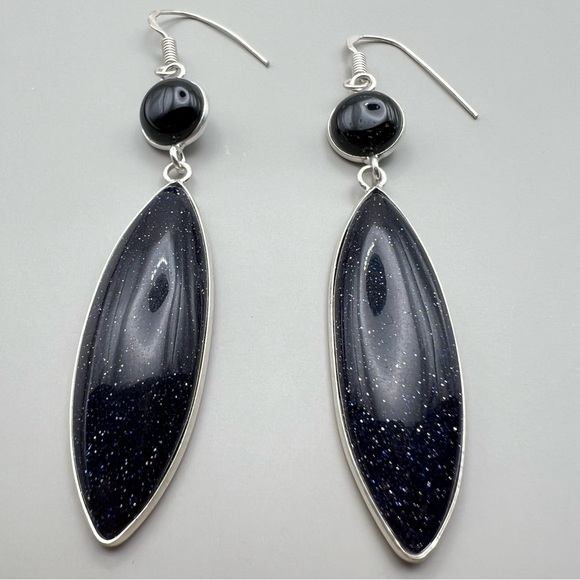New Blue Sandstone w Black Onyx Long Silver Overlay Hook Earrings - Picture 4 of 5